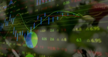 Düz dizayn fabrikası zemininde yüzen parlak yeşil çizgi grafiği, kırmızı mavi şamdan çubuklarını gösteriyor. Finansal, teknoloji, fütüristik, analitik, veri görselleştirme, yenilik, soyut