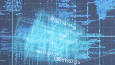 Parlak mavi kablo kübü neon ızgaranın üzerinde yüzüyor, kod ve sayısal dizileri gösteriyor. Fütürist, dijital, neon, teknoloji, veri, siber alan, görselleştirme