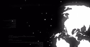 Kod parçacıkları parlayan veri parçacıklarıyla sol tarafa doğru akarken, stilize olmuş toprak küresi sağa doğru yüzüyor. Fütürist, dijital, teknoloji, veri görselleştirme, soyut, siber, yenilik