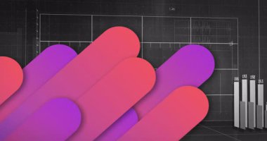 3D bar çizelgesi sütunları sayısal etiketler ve dalga biçimi çizgileri ile dijital gösterge panelinde görselleştiriliyor. Teknoloji, veri, analitik, fütüristik, arayüz, görselleştirme, dijital