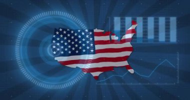 Birleşik Devletler haritası HUD daireleri ve veri grafikleri ile düz tasarım arayüzü ile canlandırılıyor. Coğrafya, analitik, görselleştirme, bilgi grafikleri, dijital, teknoloji, veri