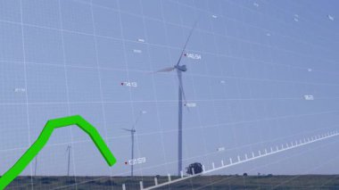Rüzgar türbinleri temiz enerji üretirken yeşil 3D grafik okları saydam ızgara örtüsüne tırmanıyor. Yenilenebilir, sürdürülebilirlik, çevre dostu, teknoloji, açık hava, veri görselleştirme, yenilik