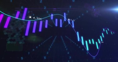 Neon finansal tablo görüntüsü 3 boyutlu alanda canlandırılıyor, şamdan çubukları ve parlayan eğilimleri gösteriyor. Soyut, veri, görselleştirme, fütüristik, dijital, teknoloji, yenilik