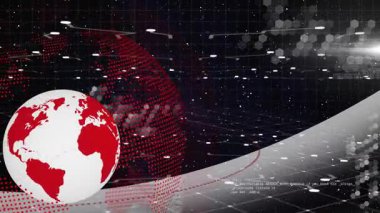 3D görüntülü dijital ağ, dönen beyaz kırmızı küre, yüzen düğümler ve kod örtüleri. Gelecek, teknoloji, siber alan, veri, bağlantı, yenilik, dijital