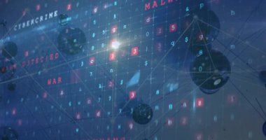 Mavi ızgara üzerinde parlayan parçacık kalkanı çizgileri birbirine bağlayan karakterleri ve düğümleri gösteriyor. Siber uzay, koruma, teknoloji, fütürist, ağ, dijital, güvenlik