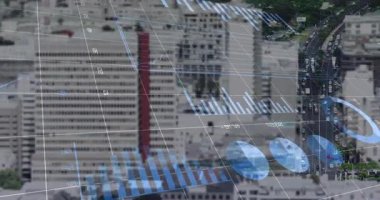 Finansal veriler havadan şehir görüşü üzerinden, şebeke çizgileri, bar çizelgeleri ve çizgi grafikleriyle görselleştiriliyor. Kentsel, teknoloji, analitik, profesyonel, fütüristik, modern, veri odaklı