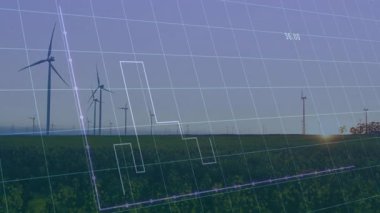 Mor çubuk çizelgesi ve çizgi grafiği rüzgar türbini alanı üzerinde enerji veri eğilimlerini gösteriyor. Yenilenebilir, sürdürülebilirlik, analitik, fütüristik, çevre dostu, dijital, görselleştirme
