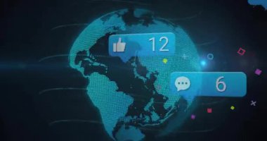 Karanlık dijital arkaplanda dönen noktalı küre, yüzen sosyal medya bildirimlerini gösteriyor. Teknoloji, küresel, bağlantı, veri, yenilik, siber alan, gelecekçilik