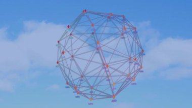Mavi gökyüzüne karşı yüzen yarı şeffaf 3D küresel ağ, okları ve yüzde etiketleri gösteriyor. Fütüristik, teknolojik, veri görselleştirme, soyut, dijital, bilgi, yenilik