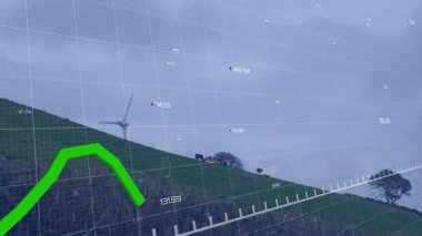 Rüzgâr tarlası sahnesinde yüzen yeşil 3D render çizgisi grafiği kırmızı ve beyaz veri işaretlerini gösteriyor. Teknoloji, yenilenebilir enerji, dijital alarm, veri analizi, çevre, yenilik, gelecekçilik