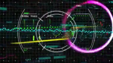 Beyaz dairesel HUD animasyonu ızgarada 3 boyutlu canlandırma şeklinde, Cyan serpintisi ve şamdan çubuklarını gösteriyor. Fütürist, veri görselleştirme, dijital arayüz, soyut, analitik, teknoloji, siber