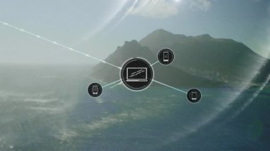 Sahil manzarasına yayılan teknoloji ağı yüzen aygıt simgelerini düz tasarımla birleştiriyor. Futuristik, bağlantı, dijital, manzara, teknoloji, ağ, yenilik