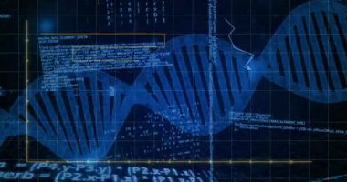 Çift sarmal çerçeve genişliğinde animasyon, kod ve zigzag çizgisi grafiği. Gelecek, teknoloji, veri, analitik, dijital, yenilik, siber