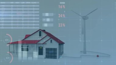 Üç boyutlu ev modeli, turta çizelgesi grafiklerini kaplayan rüzgar türbini modelini gösteriyor. Mimari, veri görselleştirme, akıllı ev, yenilenebilir enerji, dijital arayüz, 3D modelleme, sürdürülebilirlik