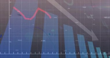 Finansal görselleştirme, yükselen 3D mavi çubuklar ve gri oklu kırmızı ve mavi çizgiler gösteriyor. Finans, analitik, veri, panel, teknoloji, yenilik, iş