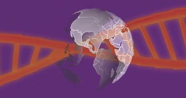Mor uzayda yüzen yarı şeffaf Dünya küresi, arkamızda parlayan turuncu DNA sarmalı. Gezegen, yenilik, teknoloji, bilim, fütürizm, bağlantı, soyut