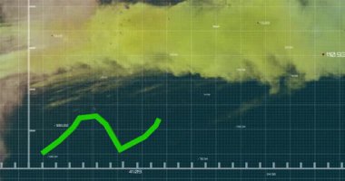 Dijital pazar grafiği, ızgara boyunca hareket eden yeşil zigzag çizgisi, dumanlı doku ve sayısal etiketleri gösteriyor. Çizelge, analiz, veri görselleştirme, finans, teknoloji, arayüz, soyut