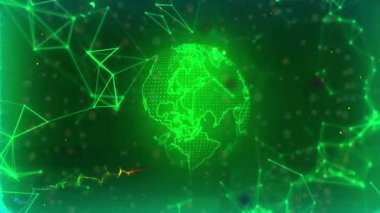 Üç boyutlu holografik küreyi döndürür, neon-yeşil düğümler birleşir, parlayan parçacık yüzü yer değiştirir. Futuristik, teknolojik, dijital, ağ, bağlantı, yenilik, sanal