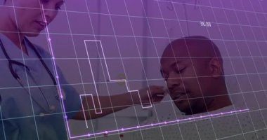 Kadın hemşire hastane odasında erkek hastaya iğne yapıyor. Animasyon mor grafiklerle. Tıbbi, sağlık, klinik, sağlık, profesyonellik, teşhis, veri görselleştirme