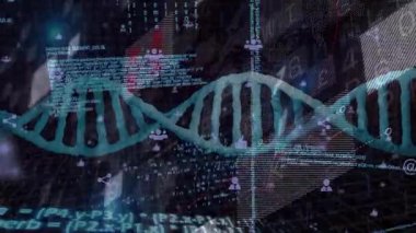 Yüzen turkuaz DNA sarmalları kod arkaplanı boyunca sürükleniyor, baş parmakları gösteriyor ve simgeleri paylaşıyor. Fütürist, dijital, biyoteknoloji, veri görselleştirme, yüksek teknoloji, soyut, yenilik