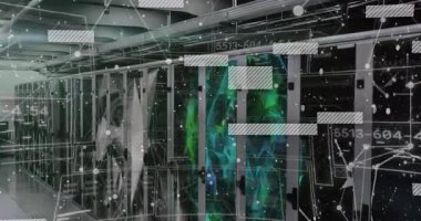 Sunucu rafları, veri merkezinde şeffaf ağ kaplamalarını ve kablo tepsilerini 3D görüntüler. Teknoloji, siber güvenlik, otomasyon, bağlantı, yenilik, altyapı, dijital