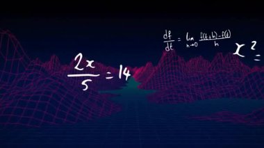 Siber uzayda oluşan soyut neon-pembe kablo manzarası, süzülen beyaz matematik denklemleri. Fütürist, dijital, teknolojik, soyut, siber uzay, geometrik, neon