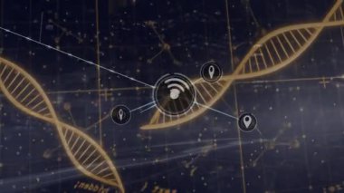 Altın DNA çift sarmal karanlık ızgara üzerinde yüzüyor, düz dizayn ile parlayan ağ simgelerini birbirine bağlıyor. Gelecek, teknoloji, bağlantı, yenilik, dijital, siber, soyut