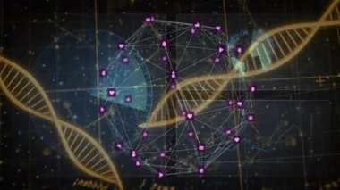 Altın DNA iplikçikleri üzerinde yüzen sosyal medya ikon ağı, üç boyutlu görüntüleme ile ağ bağlantısı oluşturur. Teknoloji, bağlantı, dijital, yenilik, fütüristik, veri, bilim