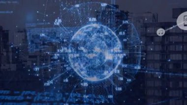 Akıllı telefon, sohbet simgeleri ve veri akışlarıyla ağ düğümlerini gösteren teknoloji küresi. Dijital altyapı, akıllı teknoloji, veri analizi, kentsel yenilik, siber ağ, bilgi paylaşımı, bağlantı