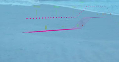 Mor noktalı şamdanlarla kıyı şeridi boyunca sergilenen mali tablolar. Deniz manzarası, veri görselleştirme, soyut, teknoloji, finans, bilgi, okyanus