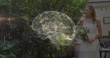 Elinde buket tutan bir kadın, teknoloji pazarlaması için beyin ağı örtüsü sergiliyor. Flora, sağlık, sükunet, doğa, yenilik, bağlantı, yaşam tarzı