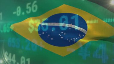 Finansal konsolun üzerinde dalgalanan Brezilya bayrağı, döviz simgeleri ve hisse senetleri. Vatanseverlik, finans, teknoloji, veri görselleştirme, dijital arayüz, ekonomik büyüme, küreselleşme