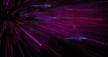 Neon pembe veri çizgileri, kod parçacıkları ve dalga formu simgeleriyle karanlık UI boyunca yayılıyor. Teknoloji, fütürizm, dijital, siber alan, yenilik, görselleştirme, ağ