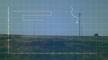 Rüzgâr enerjisi verileri otlak tepe şebekesinde görüntüleniyor. Türbinler, bar şeması ve çizgi grafiği görünüyor. Yenilenebilir, sürdürülebilirlik, yenilik, çevre, teknoloji, analitik