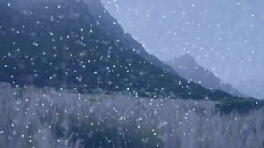 Çimenler beyaz noktalı yay ile birleşerek sisli dağ yamaçlarında dijital veri yolları oluşturuyor. Doğa, manzara, dijital, görselleştirme, huzur, manzara, soyut