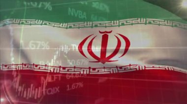 Finansal tablolar üzerinde İran bayrağı canlandırılıyor, şamdanlar, barlar, yüzdeler gösteriliyor. Vatanseverlik, analitik, veri görselleştirme, finans pazarı, dijital sanat, ekonomik büyüme, jeopolitik