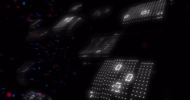 Yüzen ikili kod panelleri siber uzayda sürükleniyor, neon mavi ve pembe piksel çizgiler yayıyor. Dijital, geleceksel, neon, teknoloji, siber uzay, veri, soyut