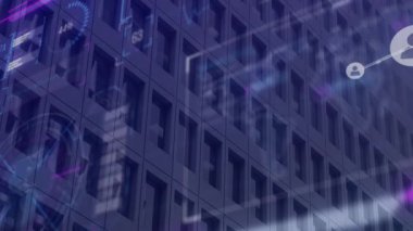 Avatar simgelerini bağlayan ağ parlayan çizgilerle kule cephesini kapatıyor, HUD örtüyor. Teknoloji, bağlantı, yenilik, şehir, fütüristik, veri, dijital