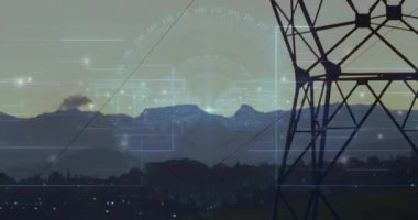 Elektrik şebekesi altyapısı, çelik kule ve parlayan düğümleri gösteren düz bir dizayn ile görselleştiriliyor. Teknoloji, bağlantı, enerji, fütürizm, sanayi, dijital, yenilik