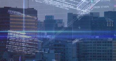 Şehir silueti alacakaranlıkta canlandırılıyor, yüzen ikili kodlar, şebeke çizgileri, borsa saatleri. Kentsel, yenilik, teknoloji, geleceksel, veri, finans, ufuk çizgisi