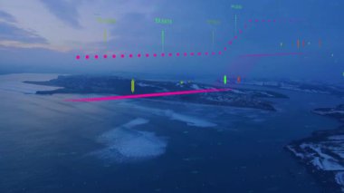 Düz dizayn edilmiş hava sahili adası, alacakaranlıkta yüzen şamdan haritaları ve sayısal örtüleri gösteriyor. Soyut, analitik, veri görselleştirme, okyanus, modern, teknoloji, gösterge paneli
