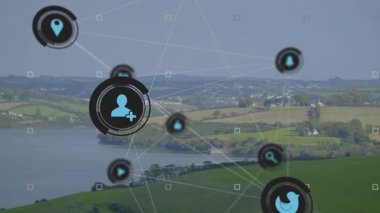 Göl kenarındaki ağ üzerinde yüzen dairesel simgeler, mavi kuşu birbirine bağlayan, sohbet eden, çan sembolleri düz tasarım. Teknoloji, bağlantı, açık hava, manzara, iletişim, dijital, ağ