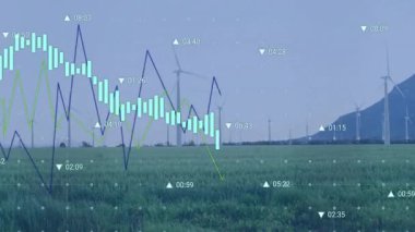 Rüzgar türbinleri yeşil alanın üzerinde dönüyor, finansal grafikler düz dizaynlı zaman göstergeleriyle tırmanıyor. Yenilenebilir enerji, sürdürülebilirlik, teknoloji, veri görselleştirme, çevre, temiz güç, dijital