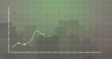 Finansal büyüme şeması sisli şehir silueti üzerinde yarı şeffaf şebekeyle canlandırılıyor, düz tasarım. Analizler, veri görselleştirme, iş, dijital, modern, kentsel, soyut