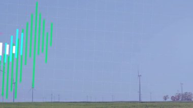 Veri canlandırması rüzgar çiftliğinde canlandırılıyor, çubuklar, şamdanlar, trend çizgileri gösteriliyor. Yenilenebilir, sürdürülebilirlik, teknoloji, analitik, çevre, çevre dostu, yenilik