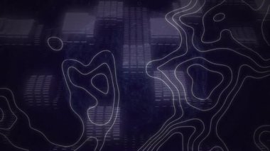 Topografik hatlar karanlık ızgara üzerinde ikili kod ve parlayan düğümlerle canlandırılıyor. Teknoloji, siber güvenlik, veri görselleştirme, dijital ağ, soyut, geleceksel, bilgi