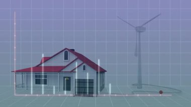 Üç boyutlu ev soyut şebeke sahnesine karışıyor, veri ışınları ve rüzgar türbiniyle birlikte. Mimarlık, yenilik, sürdürülebilirlik, teknoloji, modern, kentsel, dijital sanat