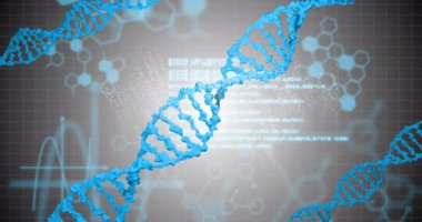 Mavi DNA sarmalı üç boyutlu görüntüleme efekti ve parlayan veriyle arayüz boyunca çaprazlama ilerliyor. Bilim, biyoteknoloji, dijital, yenilik, teknoloji, araştırma, fütüristik