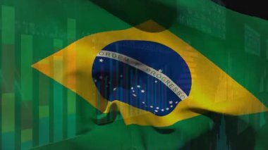 Brezilya bayrağı bar çizelgeleri ve çizgi grafikleriyle canlandırılıyor ve piyasa eğilimlerini gösteriyor. Vatanseverlik, finans, analitik, dijital, ekonomi, yatırım, büyüme