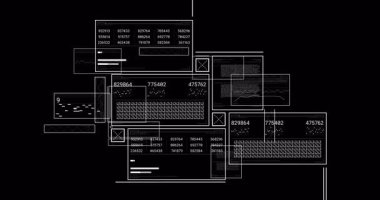 Çubuk ve çizgi grafiklerini gösteren yüzen dijital paneller HUD düzeni içindeki ızgara simgeleri ve kod blokları gösteriyor. Biyometrik, analitik, görselleştirme, fütüristik, teknoloji, kullanıcı arayüzü, veri odaklı